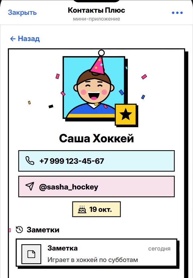Карточка контакта «Саша Хоккей» в мини-приложении: аватар в праздничном колпаке, телефон, ник в Telegram, день рождения 19 октября и заметка «Играет в хоккей по субботам».